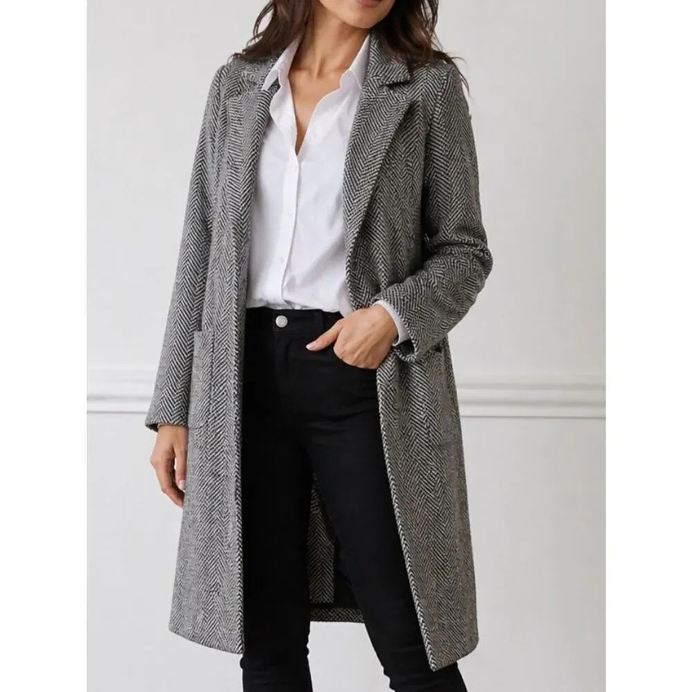 Sincerely Jules Black White Herringbone Midi Trench Coat Grey Silver Bow Pin M